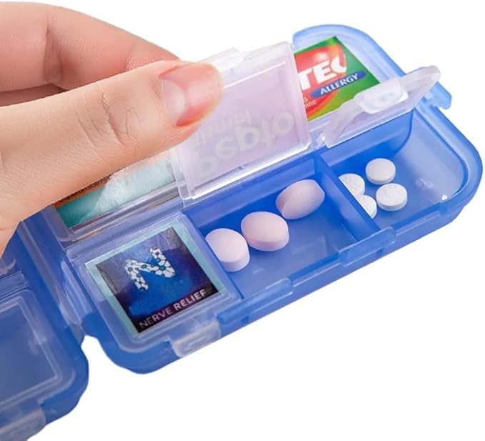 iouwei Large Pill Organizer with Medicine Labels - 7 Day Travel Daily Container, Mini Medication Storage Case (Purple, 161 Labels)