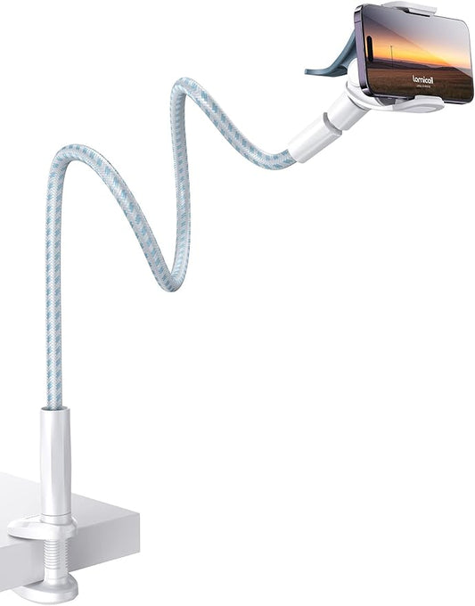 Lamicall Gooseneck Phone Holder Bed - [Nylon Braided] Flexible Arm, Overall Length 38inch, 360 Adjustable Clamp Clip, Overhead Cell Phone Mount Stand for Bed, Desk, White & Blue
