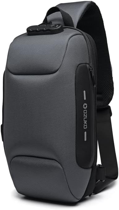 OZUKO Men Sling Backpack Nylon Water Resistant Shoulder Chest Crossbody Sling Bag with USB Charging Port Black (Dark Gray)