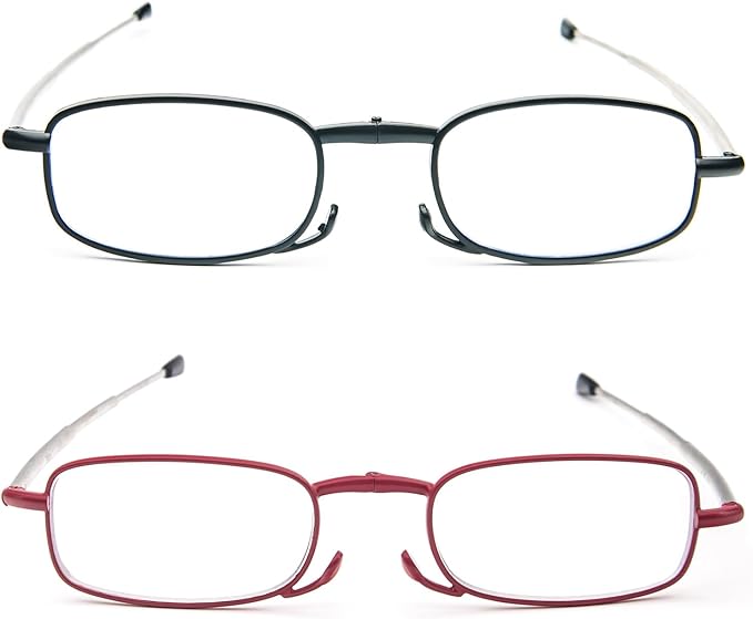 2 Pack Folding Reading Glasses Stainless Steel Mini Anti-Blue Light Blocking Reader for Men Women