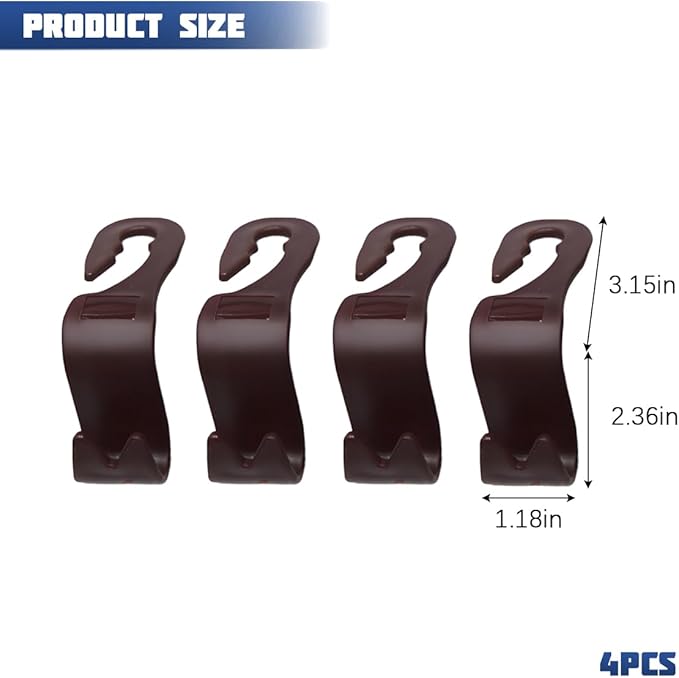 Car Seat Headrest Hook, 4PCS Vehicle Seat Back Storage Hanger for Handbag Purse Grocery, Automotive Interior Organization Holder Hook, Universal for SUV, Truck, RV (Brown)