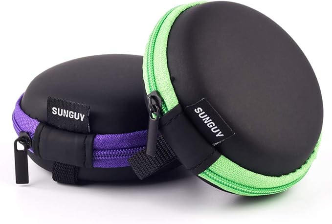 SUNGUY [2-Pack Earbuds Cases, Small Round Pocket Earbud Travel Carrying Case Pouch with Carabiners for Earbuds, Headsets, in-Ear Headphones, Hearing Aids, USB Cable and More (Green + Purple)