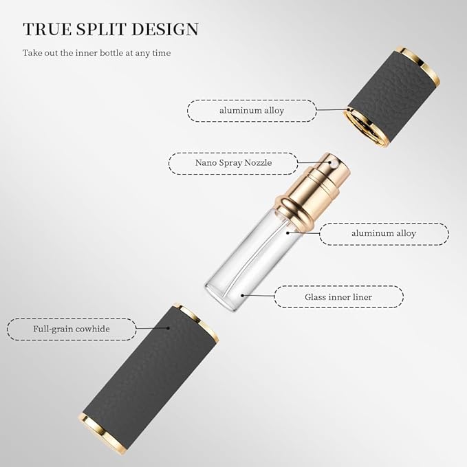 Atomizer Perfume Spray Bottle Refillable - 5ml Glass Inner Bottle with Premium Leather Case, Portable Travel Sprayer for Fragrance Lovers (Black-Grey)
