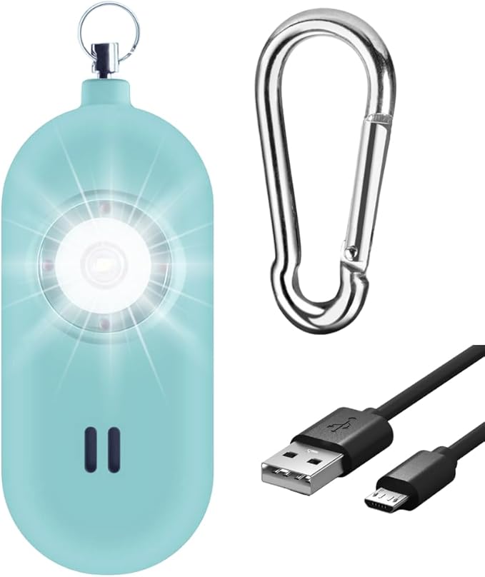 Rechargeable Personal Safety Alarm for Women. 130dB Siren. Ear-Piercingly Loud w/ Flashing LED Strobe Light Siren Keychain (Aqua)