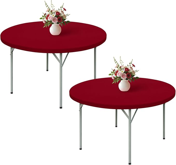 Wolkemer 2 Pack 5 Foot Burgundy Fitted Tablecloth 60 Inch Round Elastic Edges Table Cloth, Spandex Stretch Table Cover with Machine Washable Fabric for Wedding Party Picnic Dining Indoor Outdoor