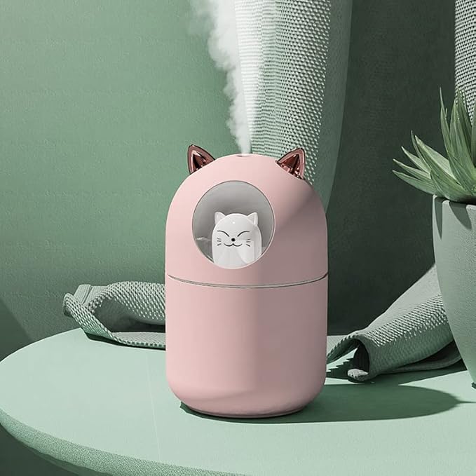 Portable 300ml Mini Cool Mist Humidifier With Night Light, USB Auto Shut-Off, Ultra-Quiet, 2 Spray Modes for Home Office Travel (Pink)