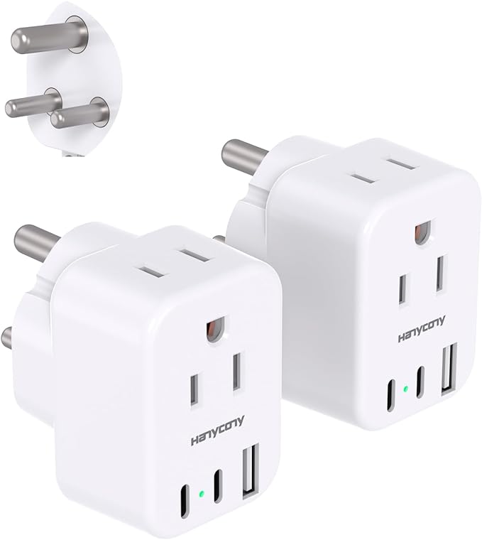 US to India Plug Adapter, HANYCONY Type D Plug Adapter with 2 Outlets 3 USB Ports(2 USB C), India Power Travel Adapter for USA to India, Bangladesh, Maldives, Pakistan, 2 Pack