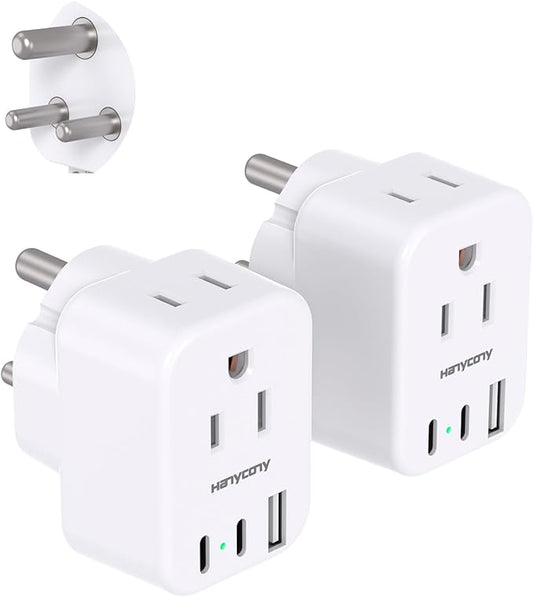 US to India Plug Adapter, HANYCONY Type D Plug Adapter with 2 Outlets 3 USB Ports(2 USB C), India Power Travel Adapter for USA to India, Bangladesh, Maldives, Pakistan, 2 Pack