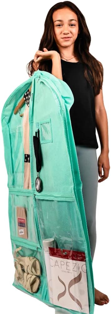 Waterproof Hanging Garment Bag 40 inch Clothes Bag with Gusset, 5 Pockets & Side Zip for Dance Costumes, Sports, Skating, Theatre, Beauty Pageants & More by Kendall Country, Sea Foam Green