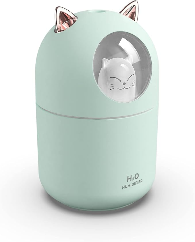 Portable 300ml Mini Cool Mist Humidifier With Night Light, USB Auto Shut-Off, Ultra-Quiet, 2 Spray Modes for Home Office Travel (Green)