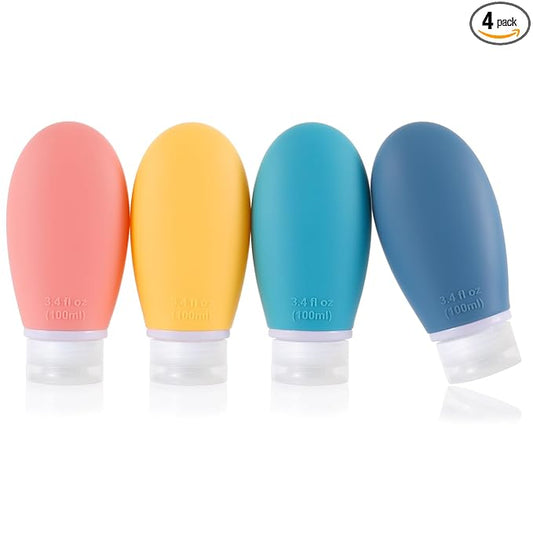 Silicone Travel Bottles, 4 Pack 3.4oz Leak Proof Liquid Squeezable Refillable Portable Accessories/Cosmetic Containers, BPA Free, Travel Size for Toiletries Shampoo Conditioner Lotion