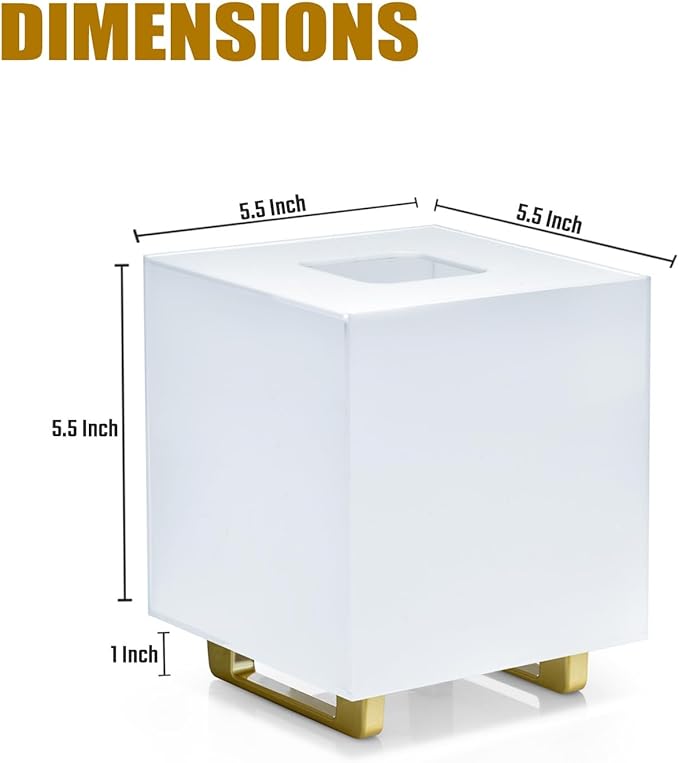YoBa Thick Acrylic Tissue Box Holder Square White Tissue Box Dispenser with Gold Plated Aluminum Legs for Bathroom, Kitchen, Bedroom, Office, Hotel and Restaurant