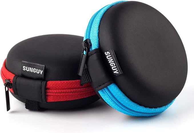 SUNGUY [2-Pack Earbuds Case, Small Round Pocket Earbud Travel Carrying Case Pouch with Carabiners for Earbuds, Headsets, in-Ear Headphones, Hearing Aids, USB Cable and More (Red + Blue)