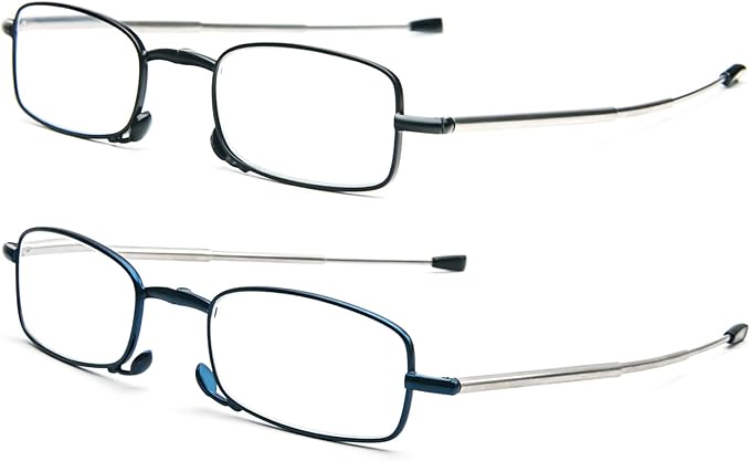 2 Pack Folding Reading Glasses Stainless Steel Mini Anti-Blue Light Blocking Reader for Men Women