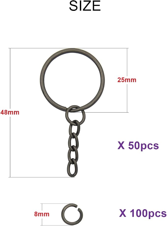 50Sets 1 inch Keychain Rings Gun Black Split Round Key Ring with Chain and Open Jump Rings for DIY Keychain Making Crafts