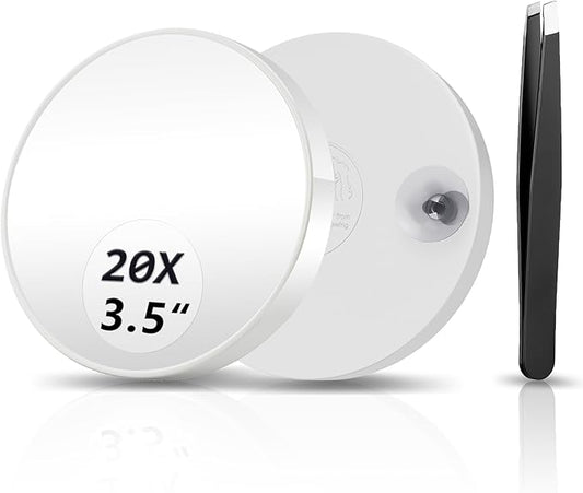 20X Magnifying Mirror, Magnified Mirrors 3.5" with Two Suction Cups and Tweezers, Travel Magnifyied Mirror Set Comes with Portable Storage Bag, Small Magnifying Mirrors for Travel(White)
