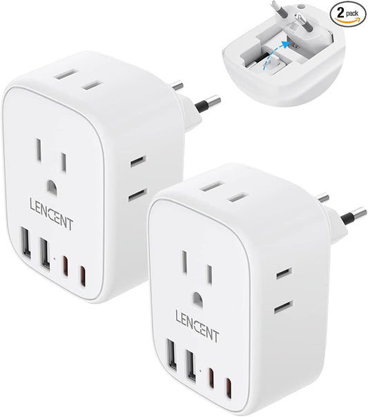 2 Pack European Travel Plug Adapter, LENCENT US to Europe Type-C Foldable Power Plug with 4 Outlets 4 USB Ports (2 USB C), Power Adaptor for USA to EU Euro Iceland Spain Italy France Germany Greece