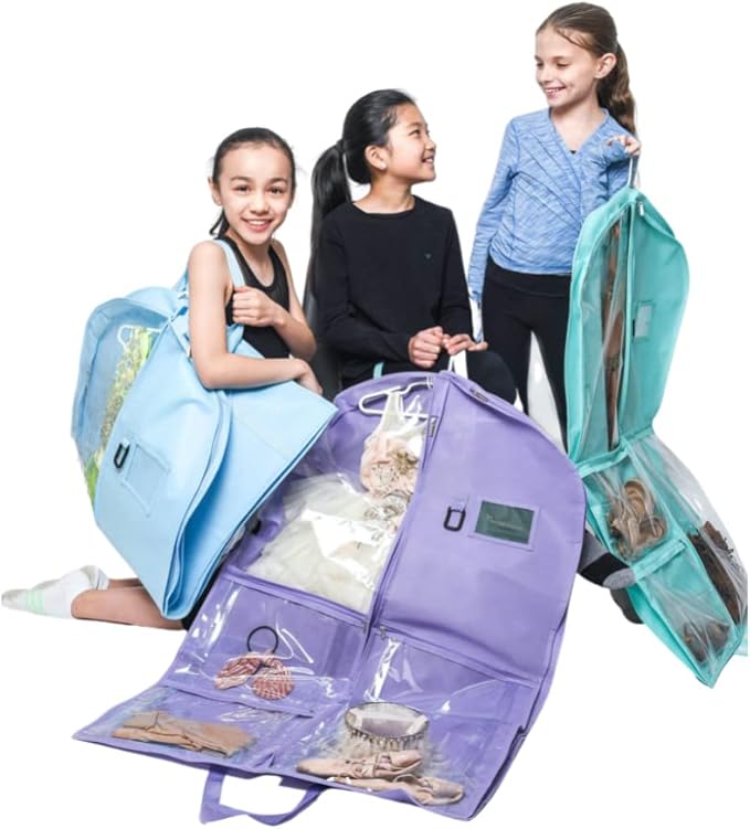 Waterproof Hanging Garment Bag 40 inch Clothes Bag with Gusset, 5 Pockets & Side Zip for Dance Costumes, Sports, Skating, Theatre, Beauty Pageants & More by Kendall Country, Sky Blue
