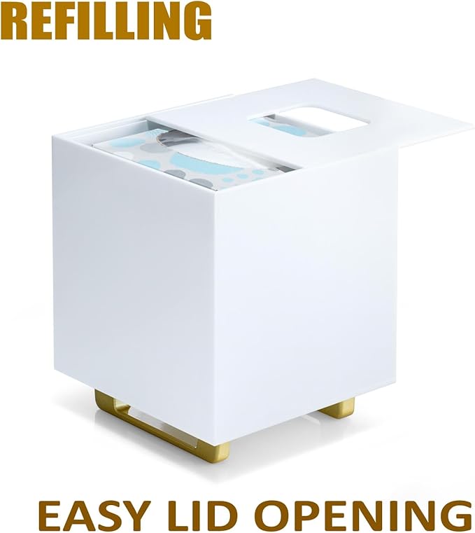 YoBa Thick Acrylic Tissue Box Holder Square White Tissue Box Dispenser with Gold Plated Aluminum Legs for Bathroom, Kitchen, Bedroom, Office, Hotel and Restaurant