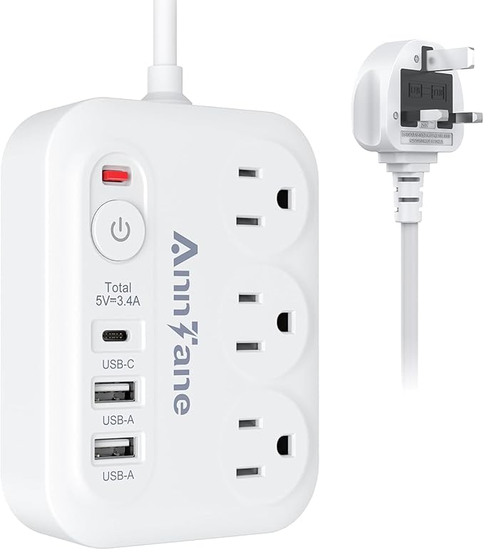 UK Travel Plug Adapter 13A Extension Cord, US to UK Type G C F International Power Adapter with 3 Outlets 3 USB Ports Travel Essentials Scotland London England British Irish Kenya Dubai Travel