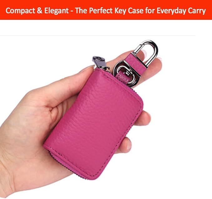 Leather Car Key Case with Zipper, Compact Smart Key Fob Holder with Keychain, Portable Car Key Organizer Pouch