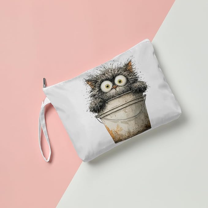 Fokongna Cute Print Wet Bag, Small Portable Waterproof Multi-Functional Organizer for Women, Beige Bucket Grey Cat, Ideal for Daily, Beach & Travel