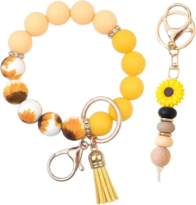 2PCS Bracelet Key Ring Set, Cute Car Key chain Wristlet, Silicone Beaded Bangle keyChains for Women Girls