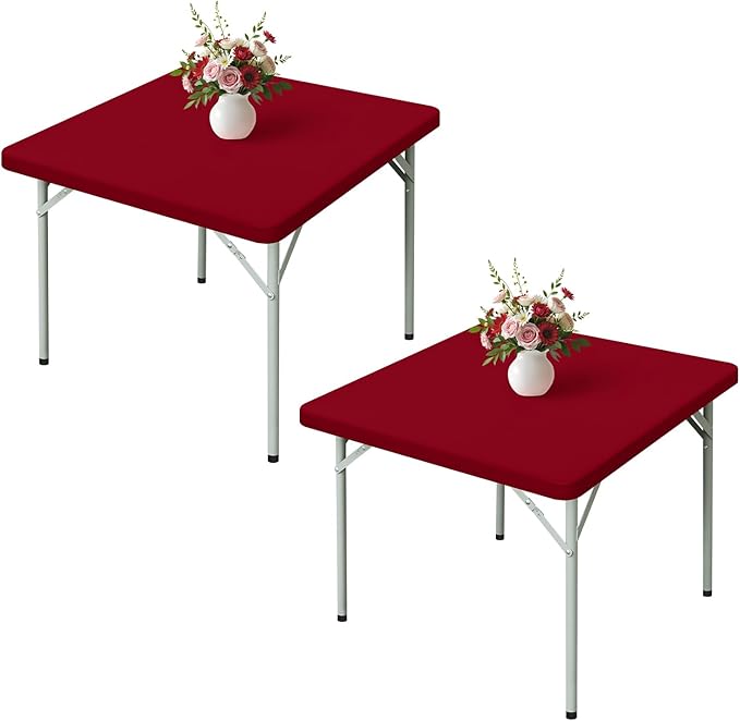 Wolkemer 2 Pack 3 Foot Burgundy Fitted Tablecloth 36x36 Inch Square Elastic Edges Table Cloth, Spandex Stretch Table Cover with Machine Washable Fabric for Wedding Party Picnic Dining Indoor Outdoor