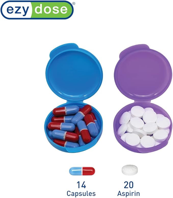 Ezy Dose Daily Round, Portable On-The-Go, Pill Box, Organizer and Vitamin Containers, Snap Shut Lids, Perfect for Traveling, Colors May Vary, 8 Pack