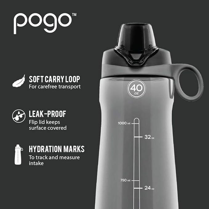 Pogo BPA-Free Plastic Water Bottle with Chug Lid, 40 Oz, Blue