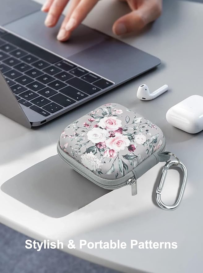 Earbud Case Headphone Organizer Ear Bud Case Portable EVA Carrying Box Storage Bag with Carabiner for AirPods Beats Bose Galaxy Buds 4/3/FE Data Cable Storage (Pink Rose)