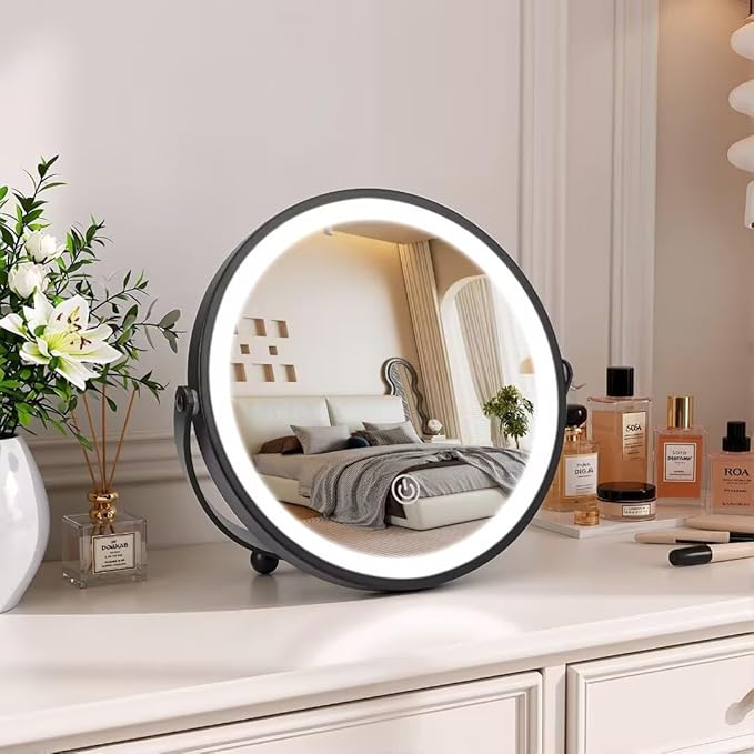 Vanity Mirror with Lights, 8" LED Makeup Mirror Built-in 1500mAH Lithium Battery, HD Professional Mirror, Smart Touch with 3-Color Lighting, Dimmable, Lighted Up for Makeup Desk, Travel (Black)