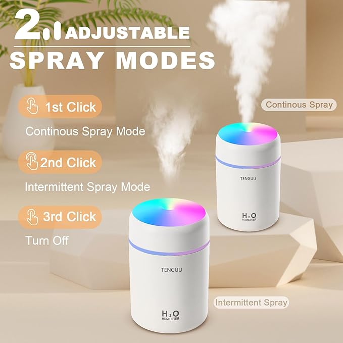 Portable Mini Humidifier, 300ml Small Cool Mist Humidifier, USB Personal Desktop Humidifiers for Bedroom Car Office Home, Auto Shut-Off, 2 Mist Modes, Super Quiet, White