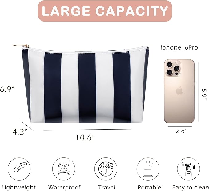 Large PVC Waterproof Striped Makeup Bag,Clear Coated Cosmetic Bags,Easy to Clean,Travel Organizer Zipper Pouch Beach Vacation Essentials for Women Girls(07Dark Blue)