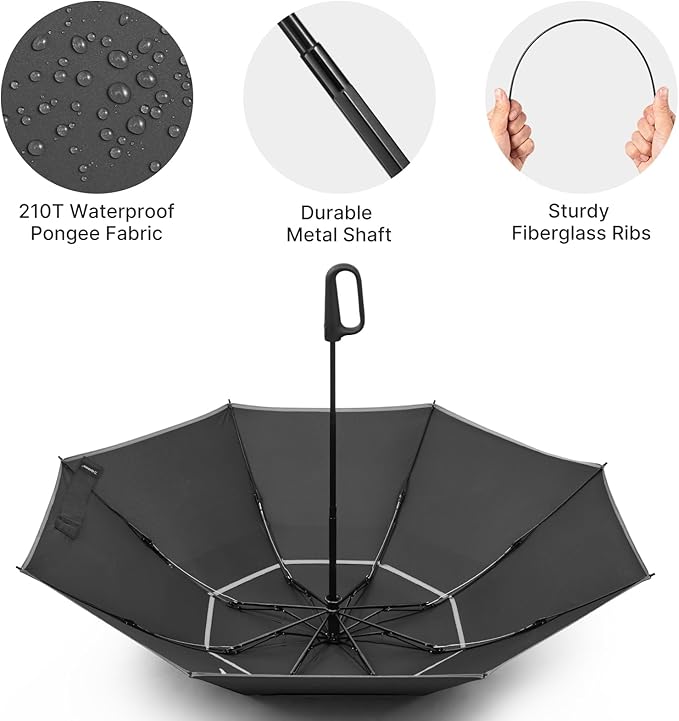 G4Free 46inch Ring Buckle Umbrella, Inverted Design with Carabiner Handle, Compact Travel Umbrella with Reflective Strip, Automatic Windproof for Rain