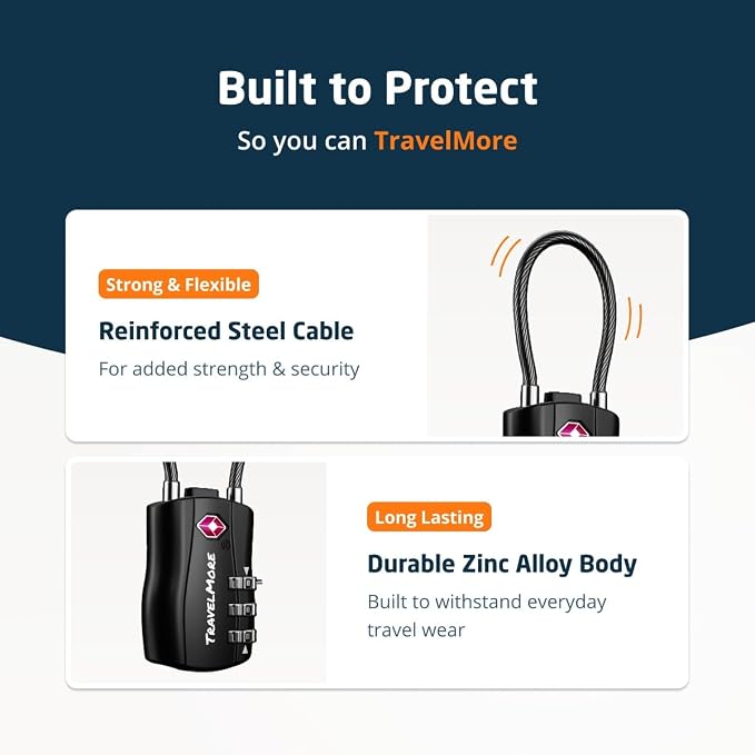 2 Pack TSA Approved Travel Combination Cable Luggage Locks for Suitcases & Backpacks - Black