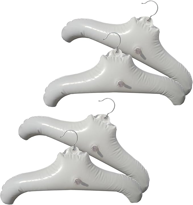 Inflatable Hangers for Travel X 4 in White Round Shoulder, Air Blow up Clothes Drying Hangars with Metal Hook, Compact, Space Saving, Foldable, Portable, Non Slip for Hand Wash Laundry