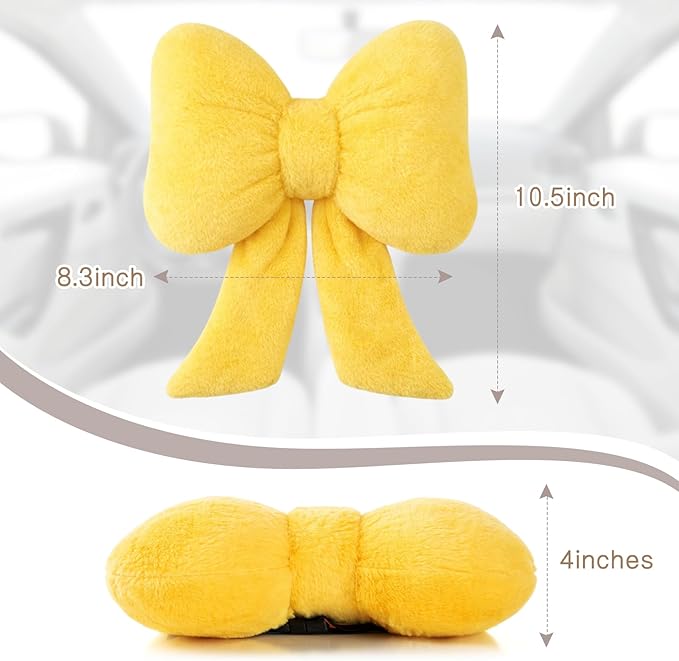 Macarrie 2 Pcs Car Neck Pillow Plush Butterfly Bow Car Headrest Pillow Comfortable Seat Neck Support Cute Head Rest Accessories for Driving Travel Driver Chair Girl Interior Decor(Lemon Yellow,Solid)