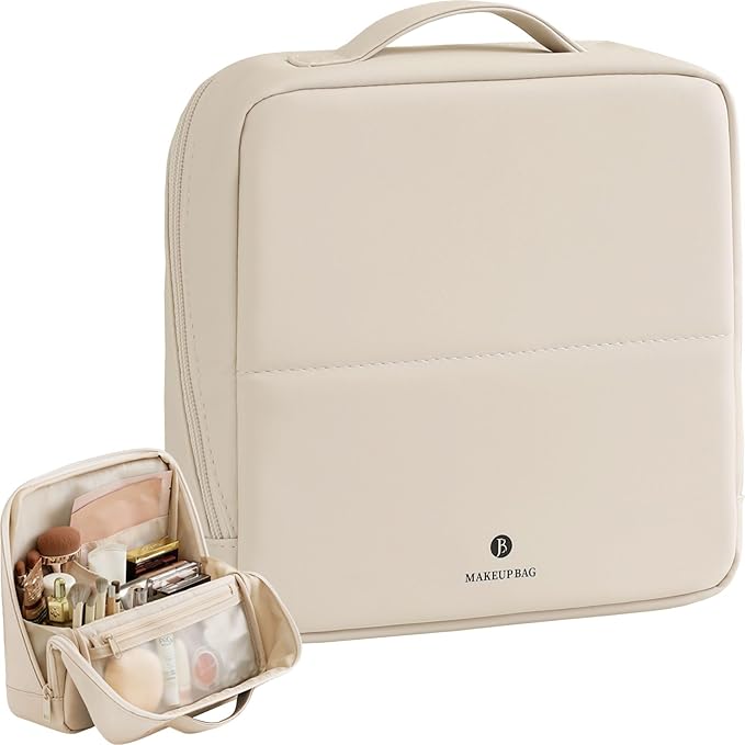 tianzong Travel Makeup Bag with Magnetic Fold-Down Flap, Waterproof Leather Cosmetic and Toiletry Organizer for Women, Multi-Zone Standing Storage, Cream, Large
