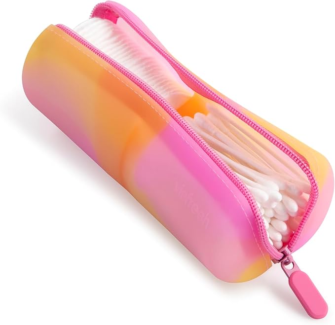 Cotton Round Swab Travel Case, 2 in 1 Portable Hair Accessories Organizer, Hair Tie Organizer, Hair Tie Holder, Bobby Pin Holder, Travel Qtips Case, Purse Organization, Floss Holder (Peach Sunrise)