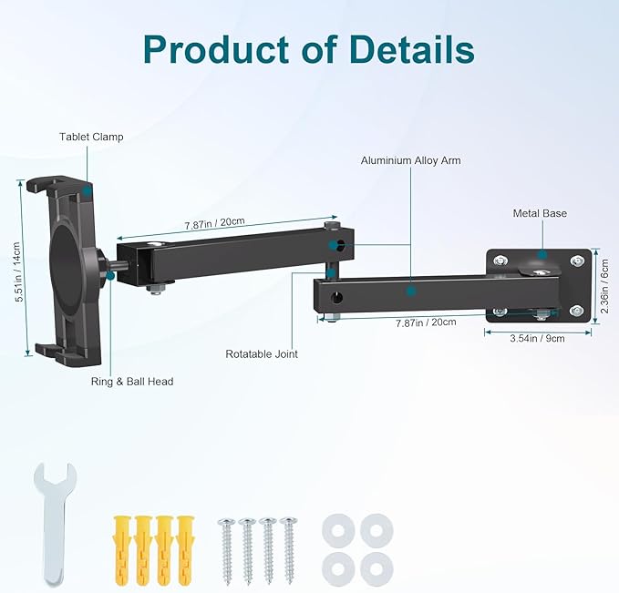 Mippko Foldable Wall Mount iPad Holder Tablet Mount Stand,360° Adjustable Tablet Holder,2-Stage Extendable Articulating Aluminum Alloy Arm,Compatible with 4.7~12.9" iPad/Nexus/e-Reader/Switch/iPhone