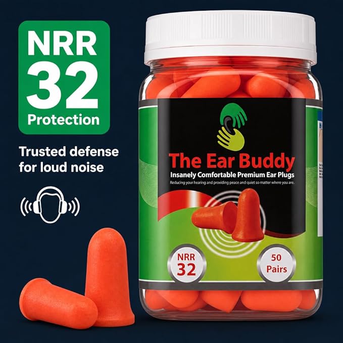 The Ear Buddy Premium Soft Foam Ear Plugs for Sleeping Noise Cancelling, Hearing Protection Earplugs for Shooting Range, Concerts, Work & Travel, Noise Reduction Rating 32 Decibels, 50 Pairs