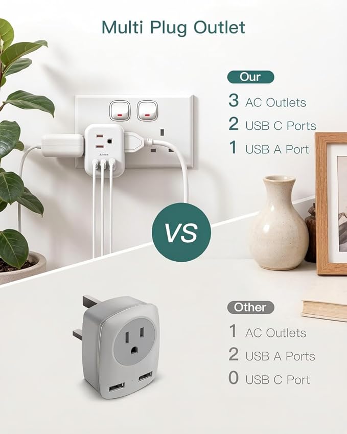 Addtam US to UK Ireland Travel Plug Adapter, Type G Power Plug Adapter with 3 Outlets 3 USB Ports(2 USB C), UK Adapters for USA to Dubai England London Scotland British Kenya Irish Hongkong, 3 Pack