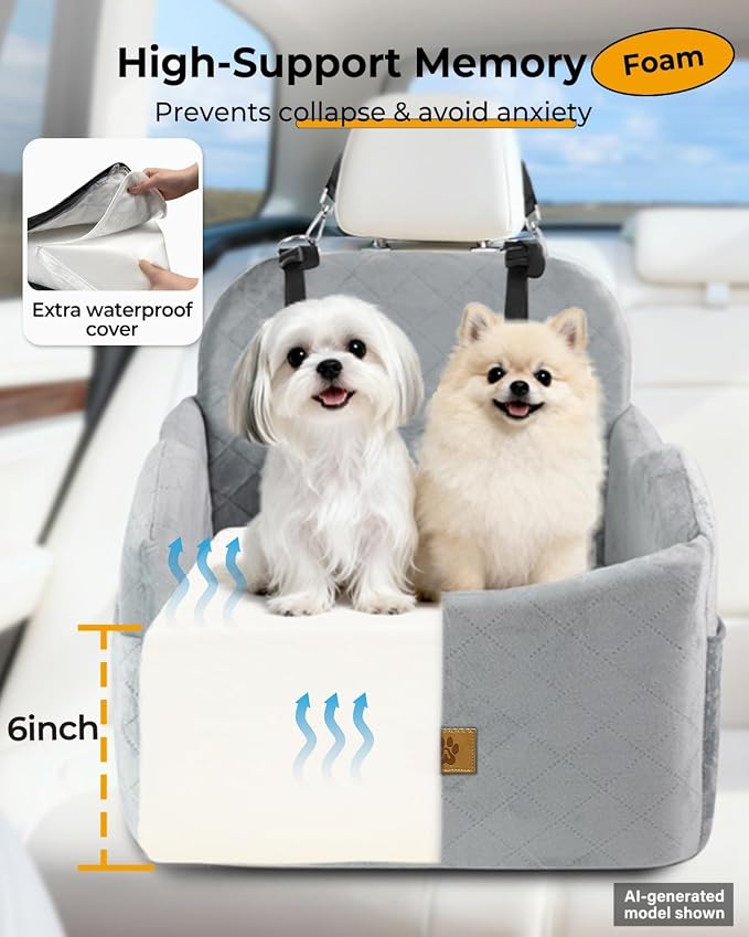 Dog Car Seat for Small/Medium Dogs, Detachable Washable Dog Booster Car Seat Under 35lbs, High-Support Memory Foam,Travel Bed with Storage Pockets