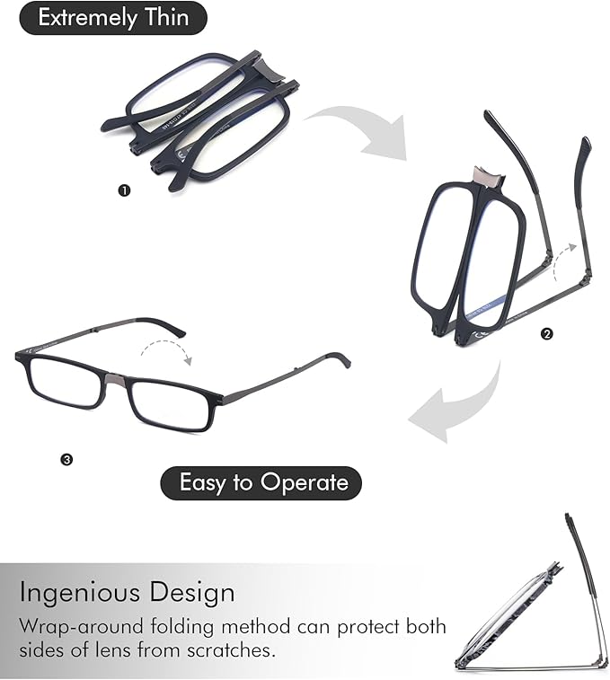 Missfive Premium Folding Reading Glasses Blue Light Blocking for Men Women, Ultra Thin Foldable Portable Travel Readers with Durable Pocket Metal Case, Black Lightweight Compact Eyewear 1.5x