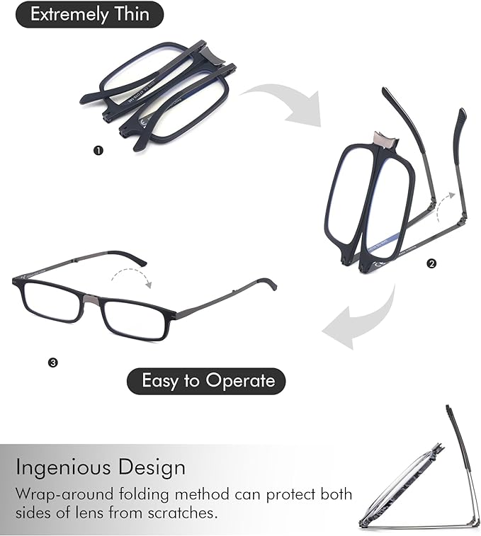 Missfive Premium Folding Reading Glasses Blue Light Blocking for Men Women, Ultra Thin Foldable Portable Travel Readers with Durable Pocket Metal Case, Dark Purple Compact Eyewear1.25x