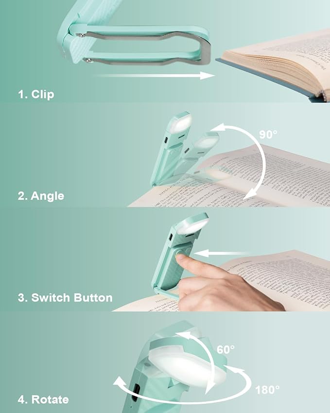 HEMONNKAM Book Reading Light, Rechargeable Clip on Booklight, Eye Caring 3 Color Temperatures & 5 Brightness Levels, Night Use for Bed, Long Lasting, Reading at Night in Bed, Light Blue