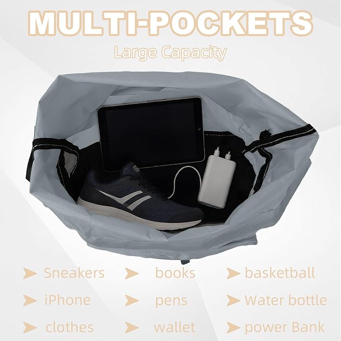 Tygelluis Drawstring Backpack, Waterproof Gym Bag with Water Bottle Pocket for Women Men, Pull String Sport Bag for Swim, Soccer and Basketball, Light Gray