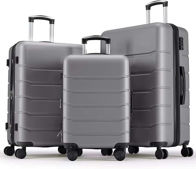 Sweetcrispy 3 Piece Luggage Set, ABS Hard Shell Carry On Suitcase with Smooth Spinner Wheels and TSA Lock, Lightweight Rolling Travel Luggage 20/24/28 Inch for Travel Business Vacation, Dark Grey