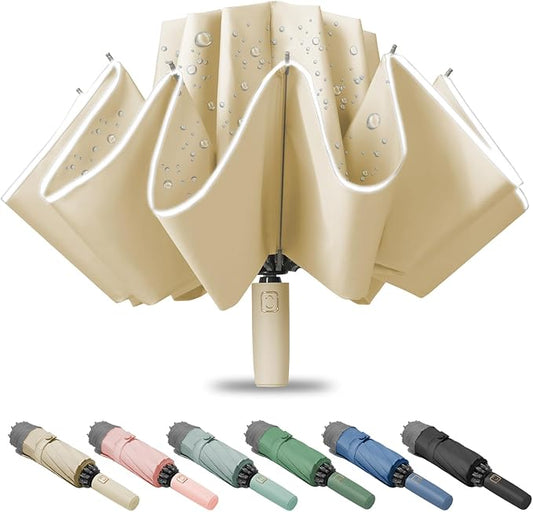 Fogkey Large Windproof Travel Umbrella - Reverse Auto Folding Car Umbrella for Rain and Sun, Compact Inverted Design with Waterproof Canopy, 10 Durable Ribs, Fits Backpack, Portable for Women & Men